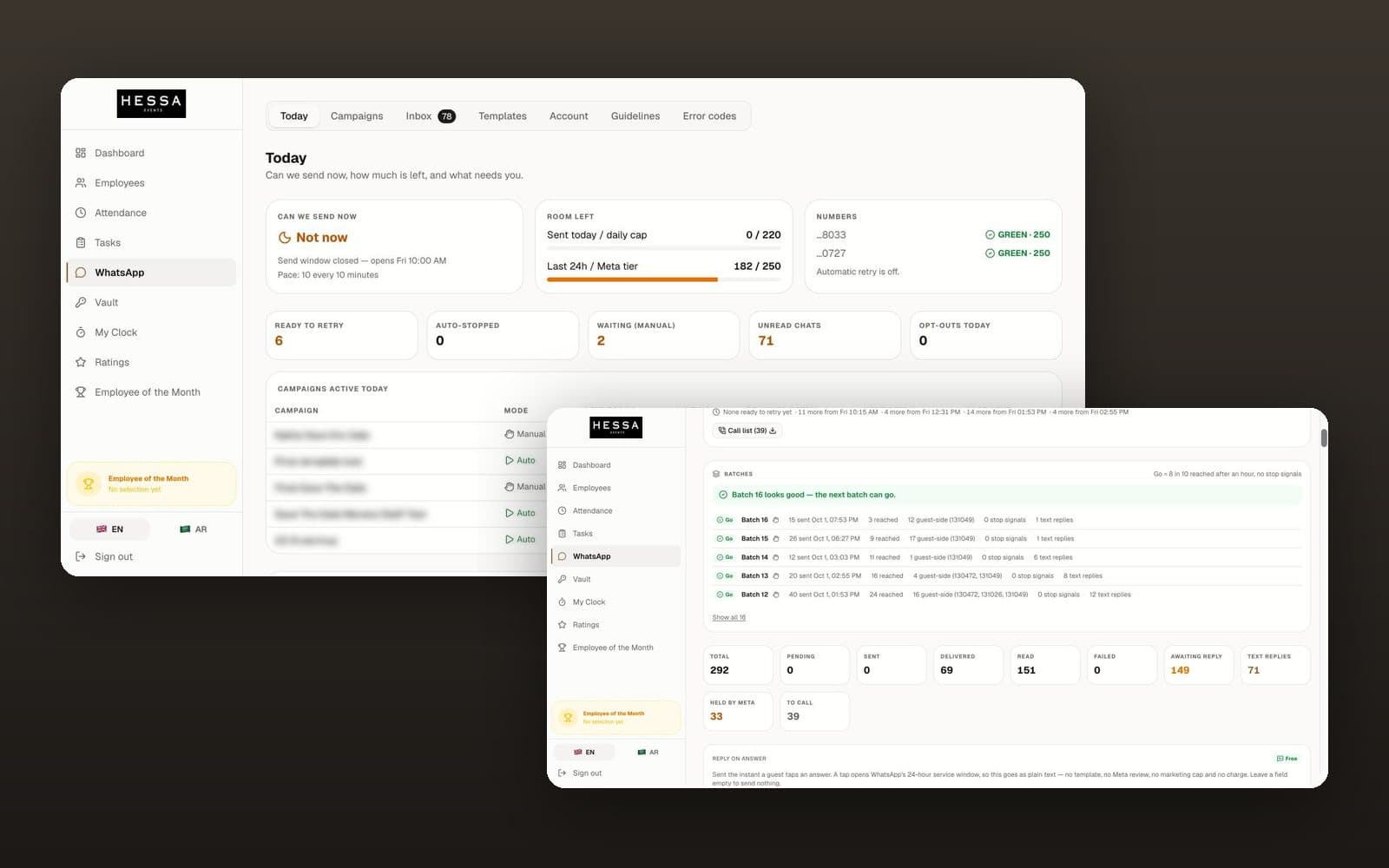 Hessa Events system: HR, payroll, and WhatsApp campaigns