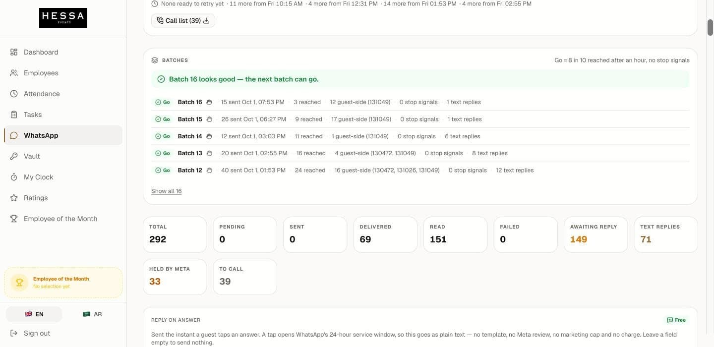Hessa Events system WhatsApp campaign with live delivery status and per-button replies