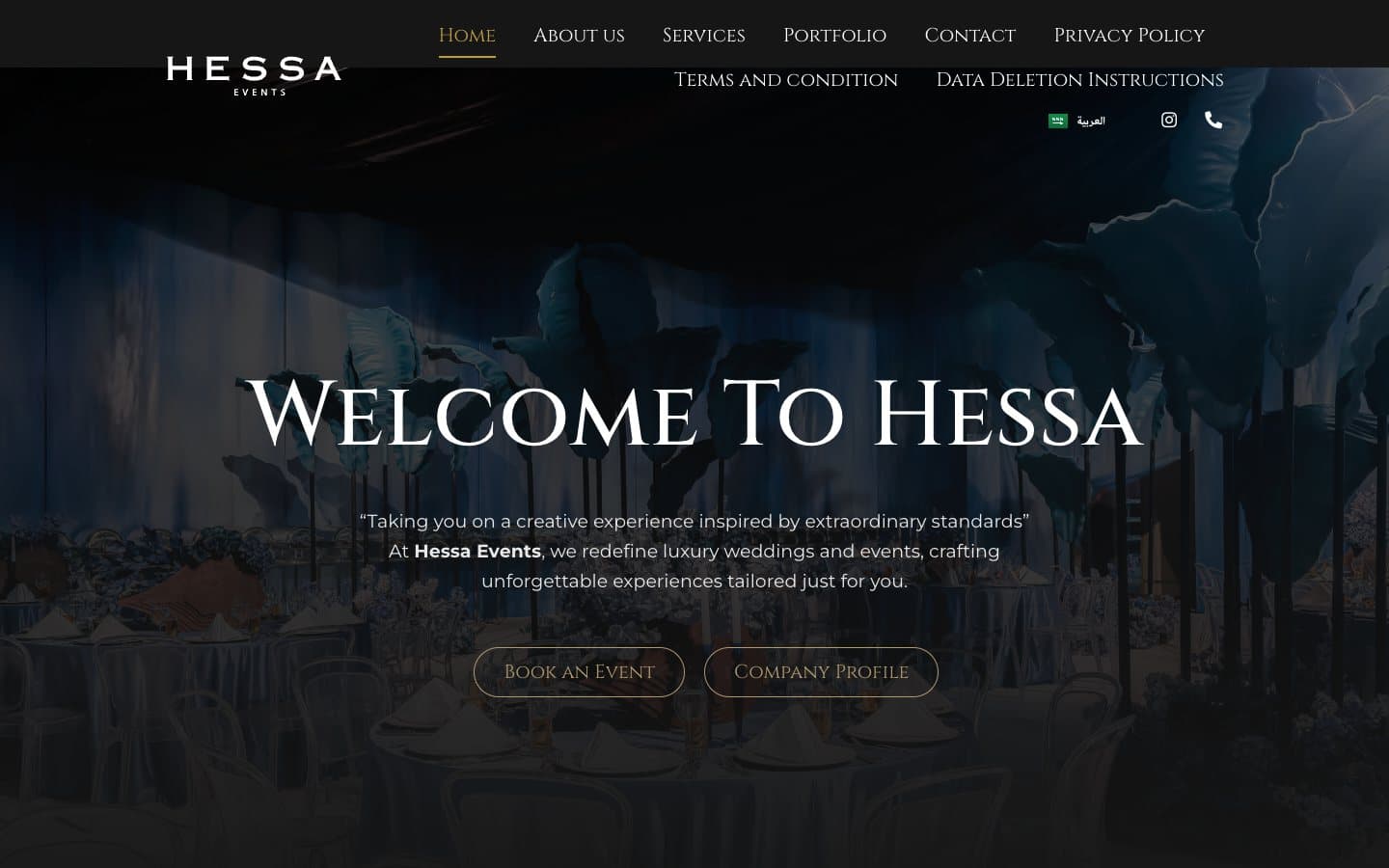 Hessa Events website English home with the hero and booking calls to action
