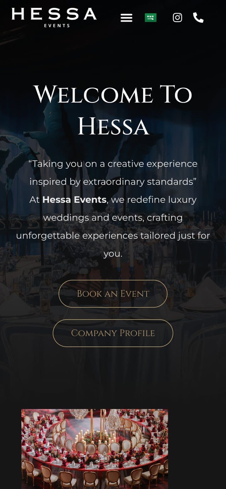Hessa Events website home on a phone
