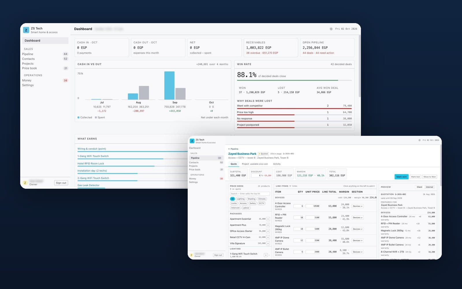 ZS Tech CRM: CRM and operations console for an installation business