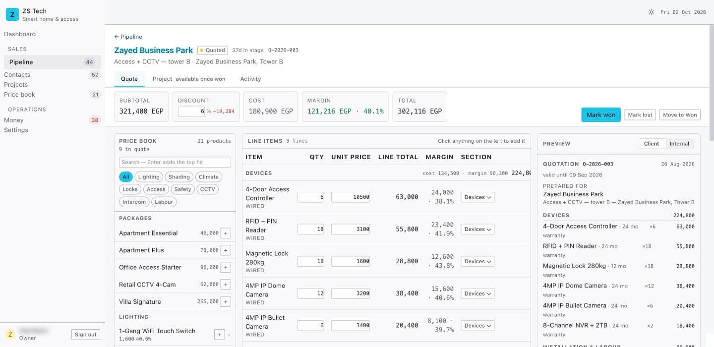 ZS Tech CRM quote builder: price book and packages, line items with margin per line, and a live client preview